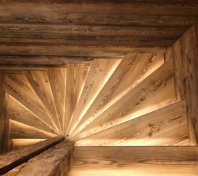 Ste Foy chalet construction interior design wooden stair detail